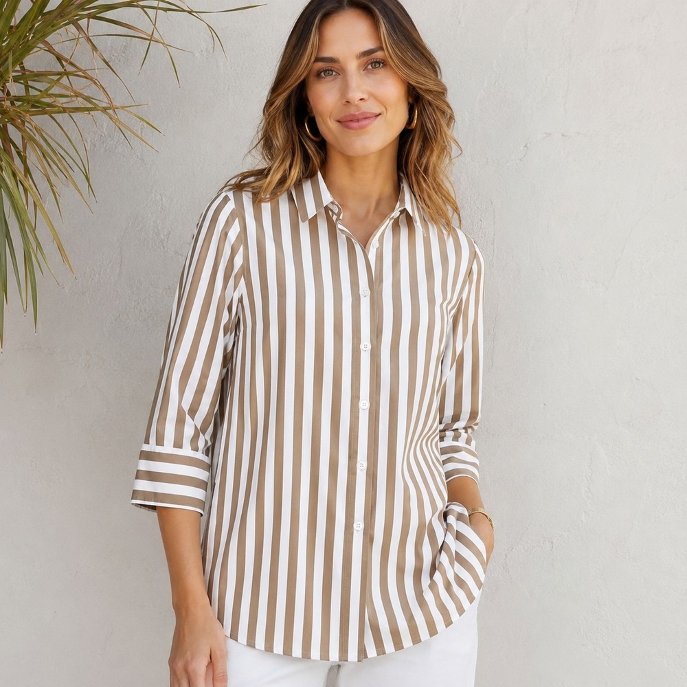Chico's Striped Button Shirt Womens Size 0 US 4 Camel White Resort Top